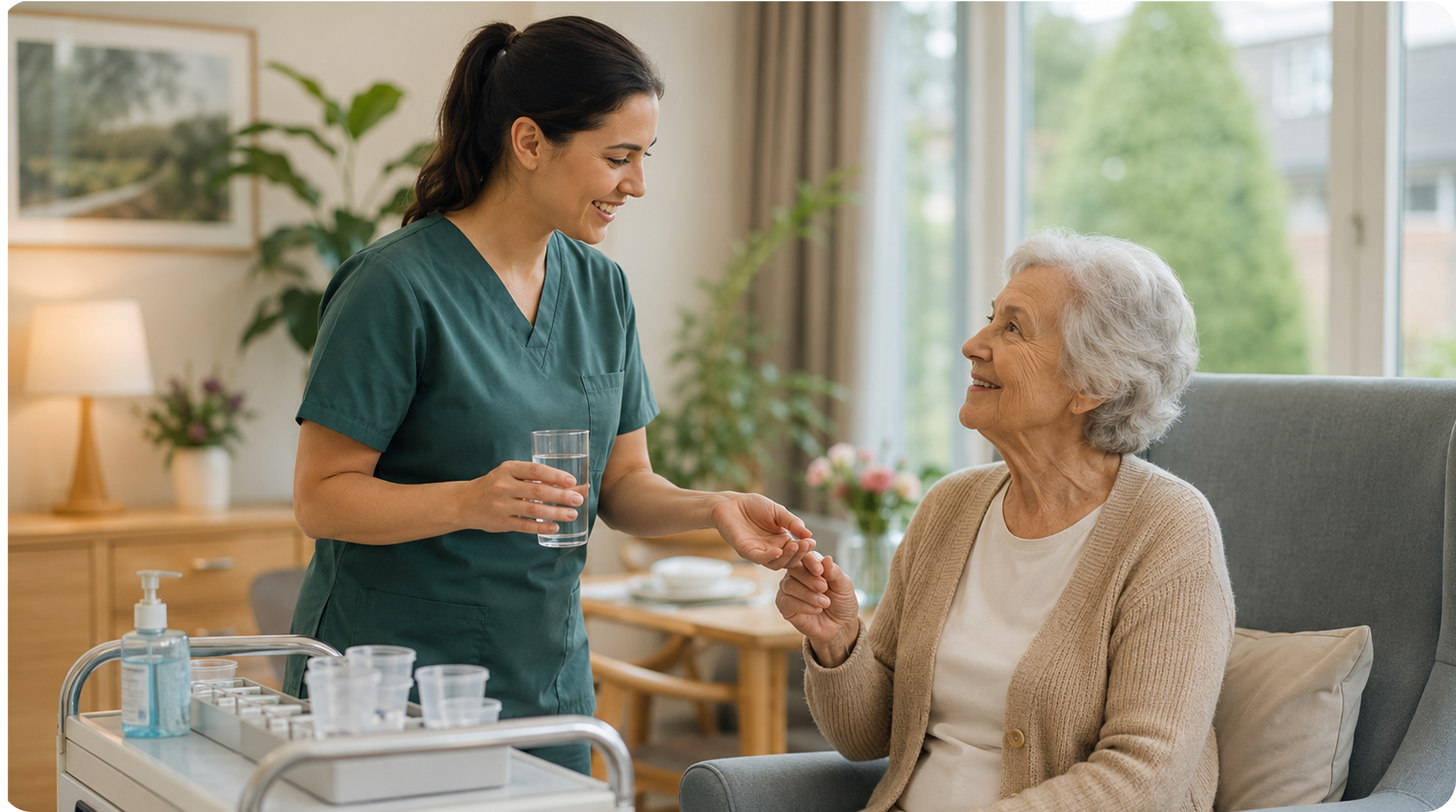 Nurse assisting senior resident with clinical care and medication