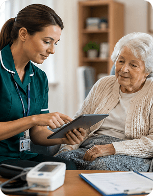 Caregiver reviewing compliance records with senior resident