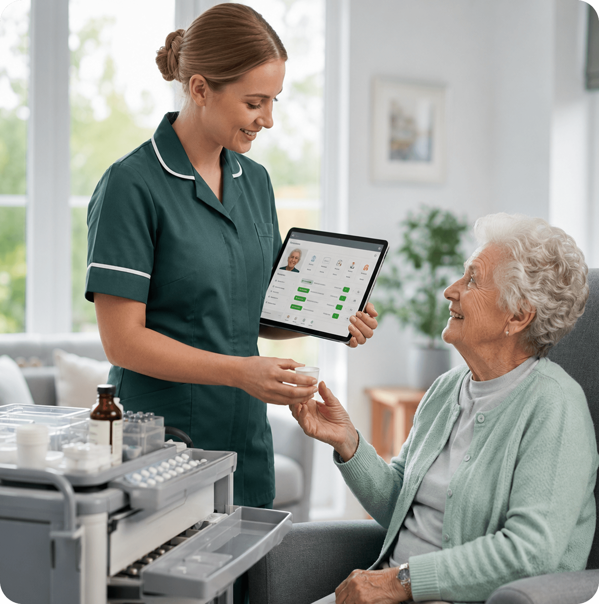 Caregiver reviewing eMAR charts on tablet with resident