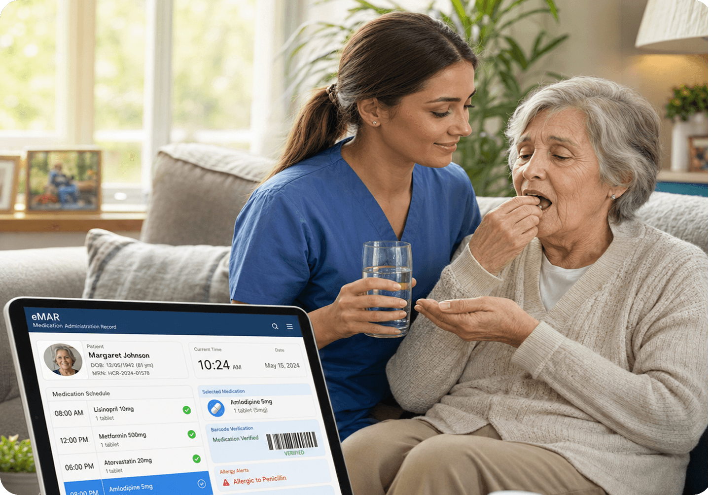 Caregiver giving pill to senior resident with eMAR tablet