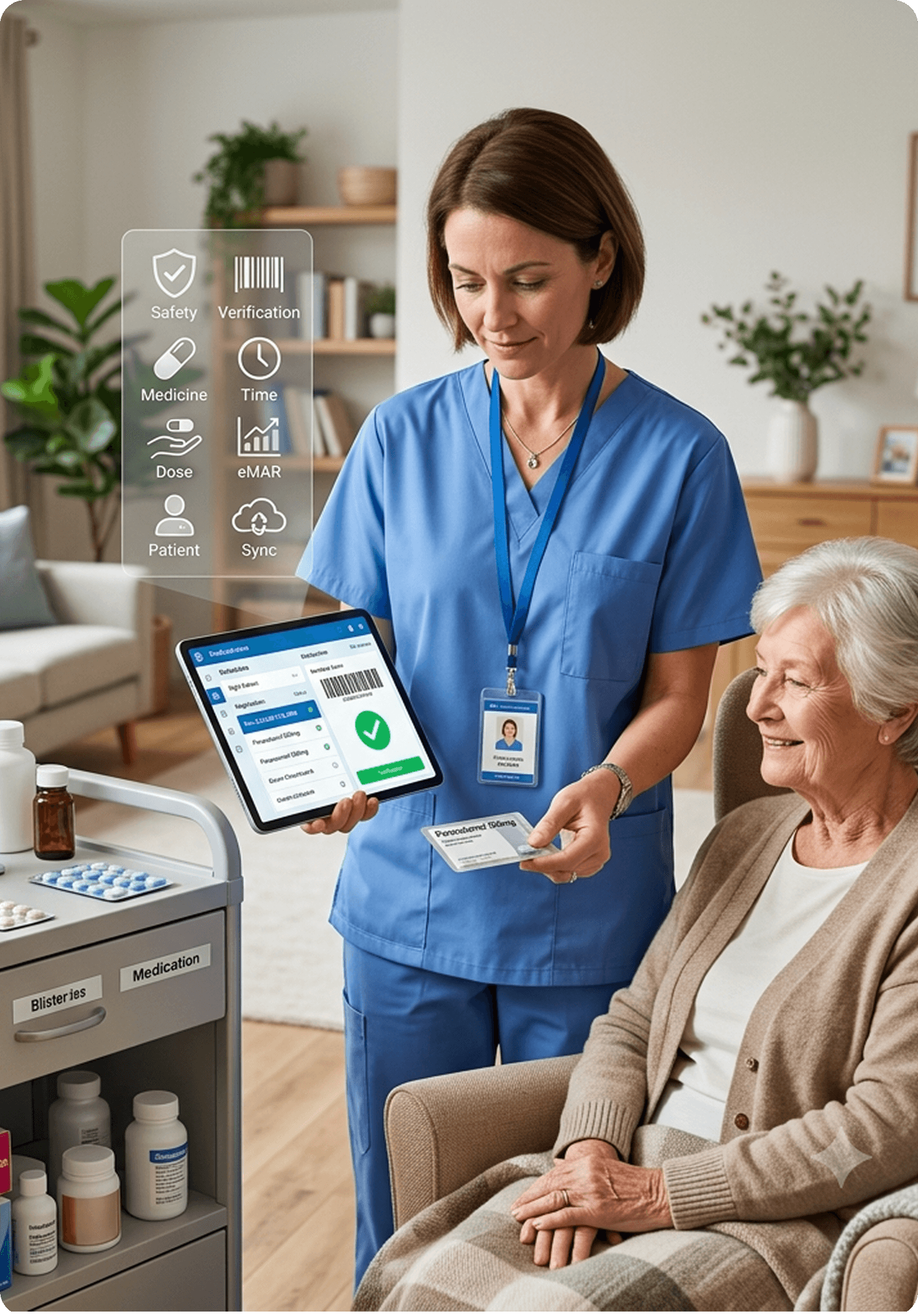 Caregiver scanning medication badge with resident in armchair