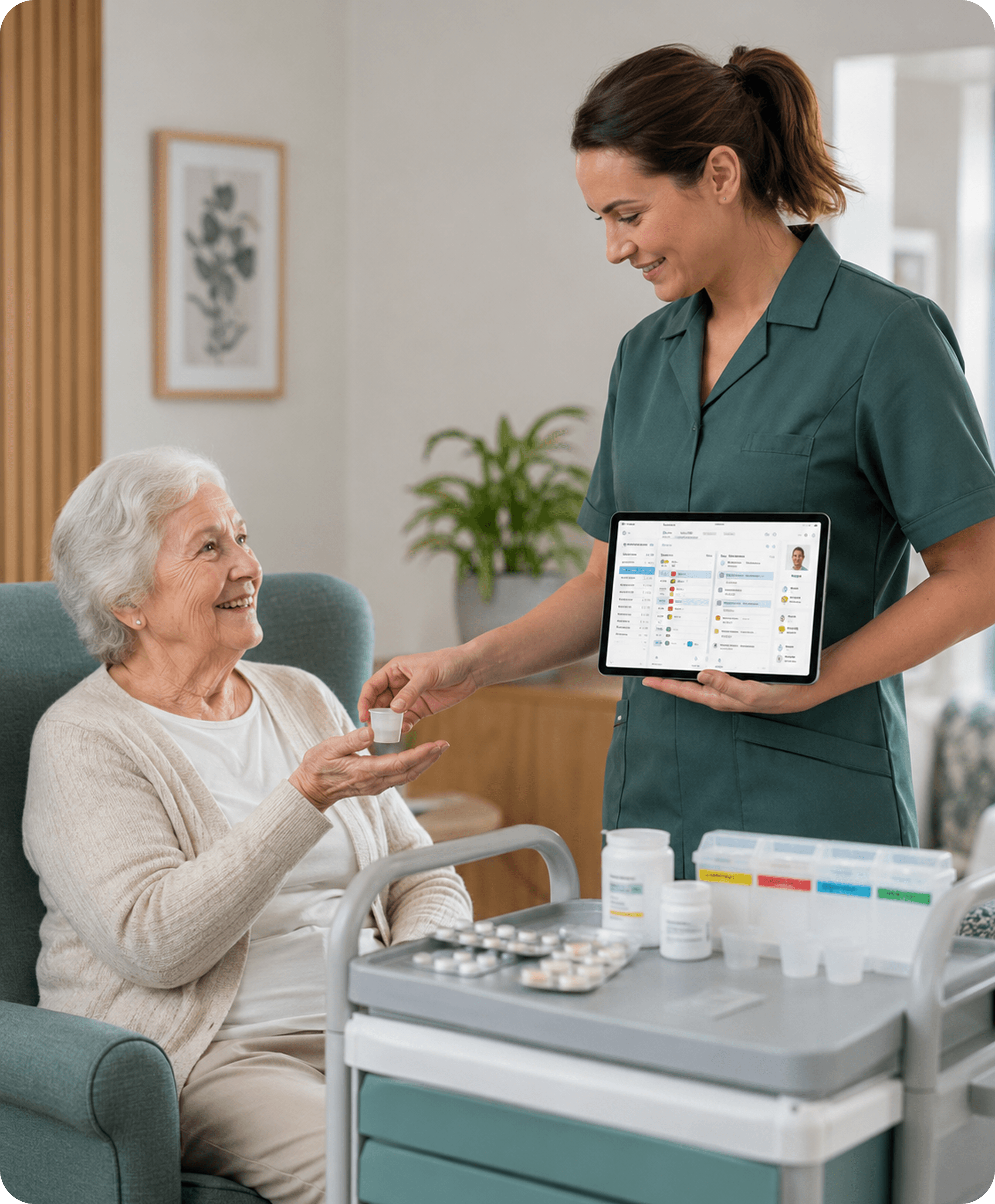 Caregiver holding tablet with medication cup for resident