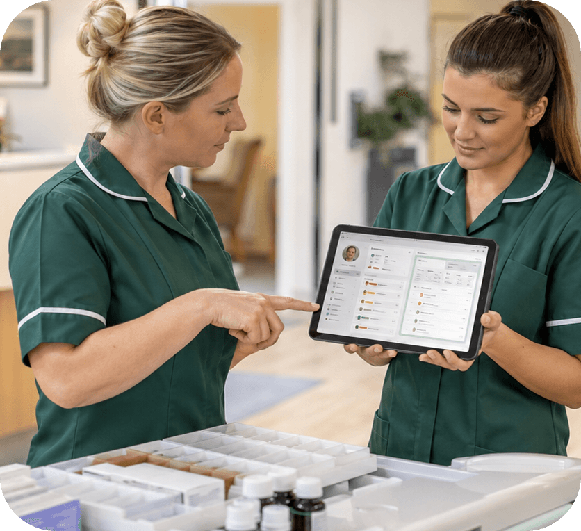 Caregiver reviewing tablet stock