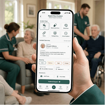 Caregiver assisting resident in wheelchair